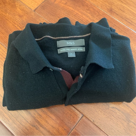 M&S Navy Blue Merino Wool Extra Fine Knit Long Sleeve Polo Shirt Sweater Size M - Picture 9 of 9